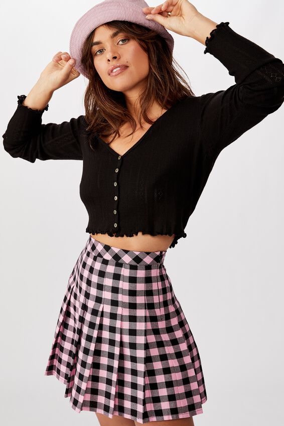Pleated Skirt, PINK/BLK LARGE GINGHAM