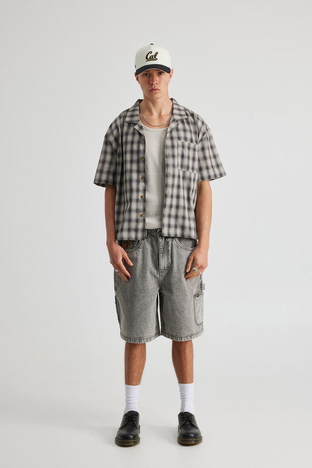 Boxy Cropped Short Sleeve Shirt, BLACK GREY CHECK