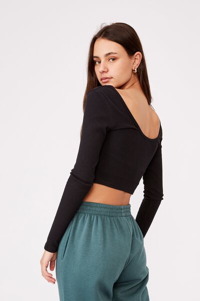 V Neck Scoop Back Ls, BLACK