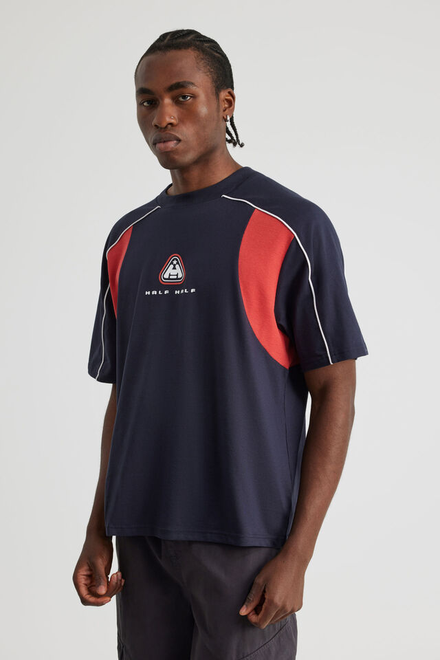 Half Half Box Fit Panelled Graphic Tshirt, HH NAVY BLAZER VARSITY RED/HH PERFORMANCE