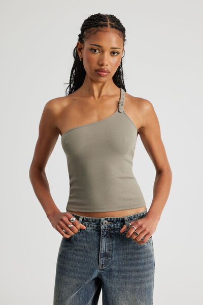 One Shoulder Buckle Top, KHAKI MIST