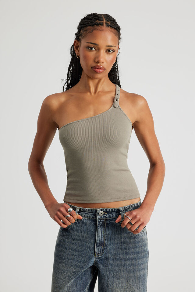 One Shoulder Buckle Top, KHAKI MIST
