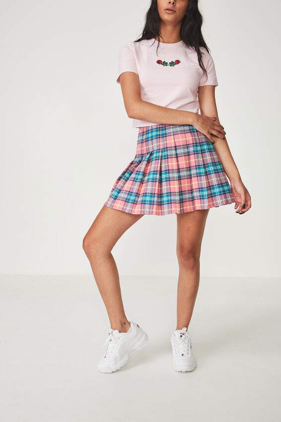 Pleated Skirt, PINK TEAL CHECK