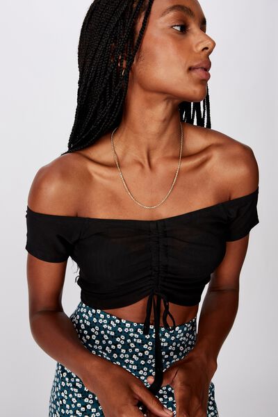 Pull Front Off The Shoulder Mesh Top, BLACK