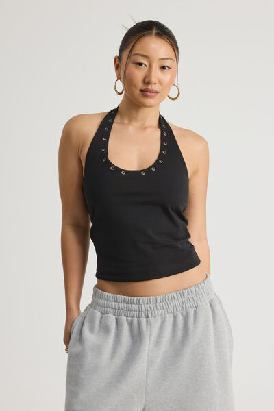 Scoop Neck Halter Top, WASHED BLACK
