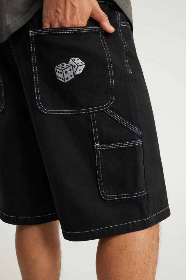 Half Half Painter Baggy Denim Short, JET BLACK/DICE GRAPHIC