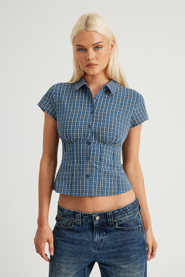 Short Sleeve Fitted Shirt, NAVY NEUTRAL CHECK