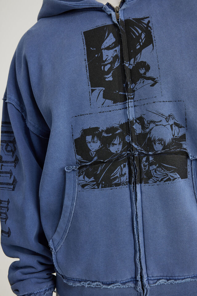 Attack On Titan Zip Through Hoodie, LCN AOT WASHED BLUE FIN/TITANS PATCHWORK