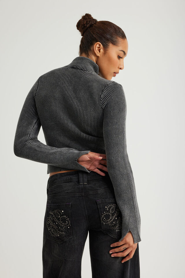 Knit Zip Through, WASHED BLACK