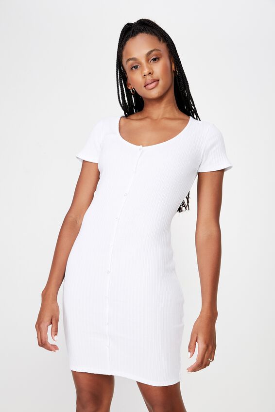 Button Thru Ss Rib Dress 2, WHITE