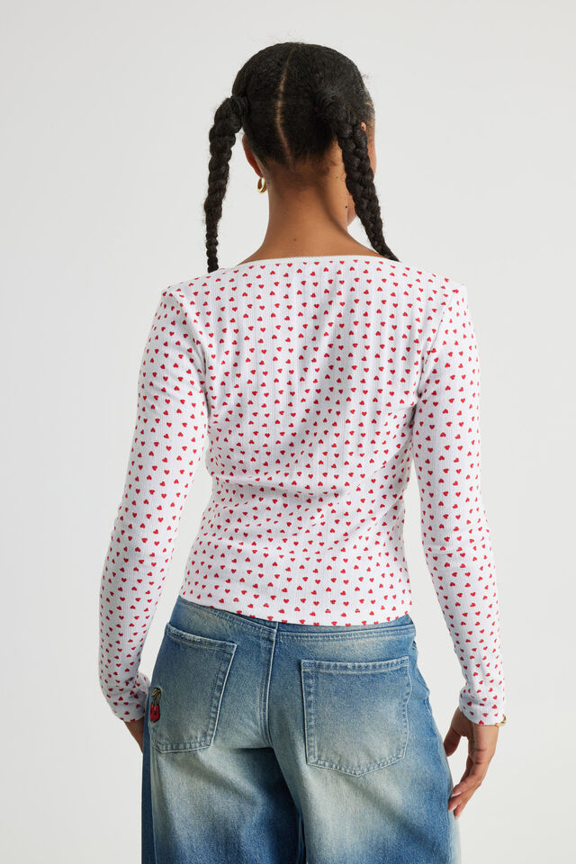 Ava Pointelle Long Sleeve Top, WHITE/HEARTS