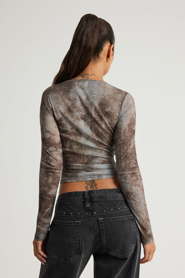 Fitted Long Sleeve Top, GREY BROWN TIE DYE
