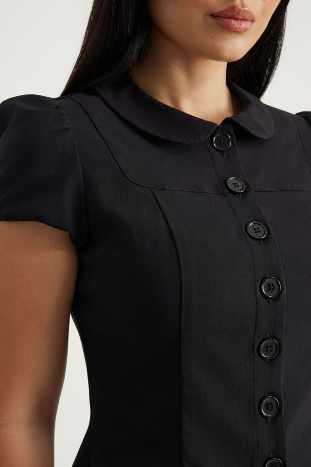 Puff Sleeve Button Up Shirt, BLACK