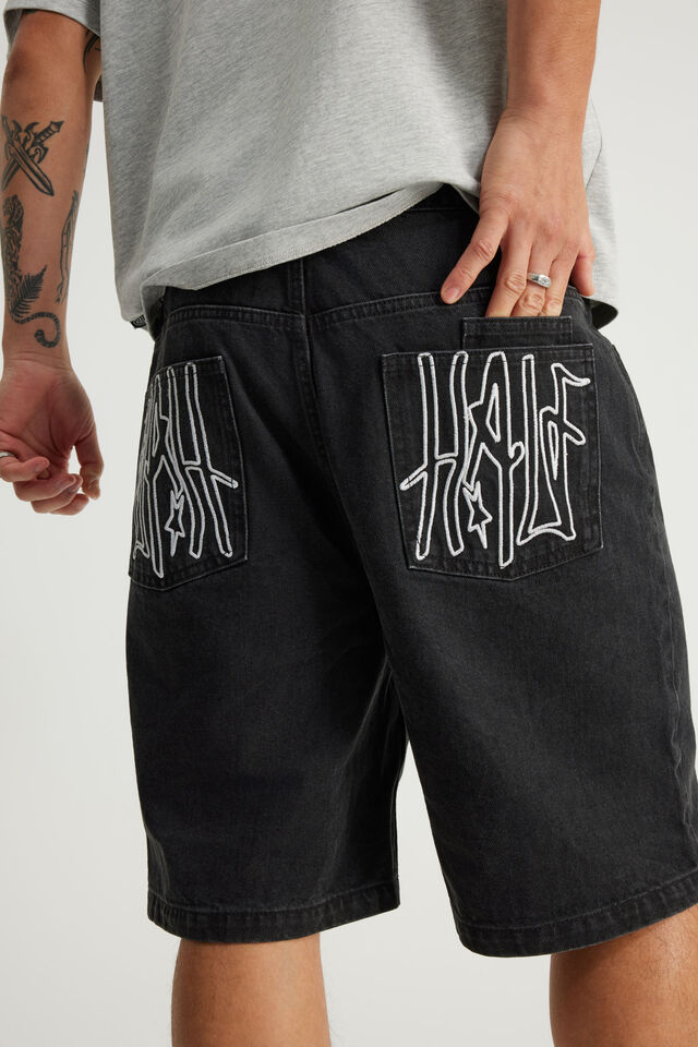 Half Half Baggy Denim Short, WORN BLACK