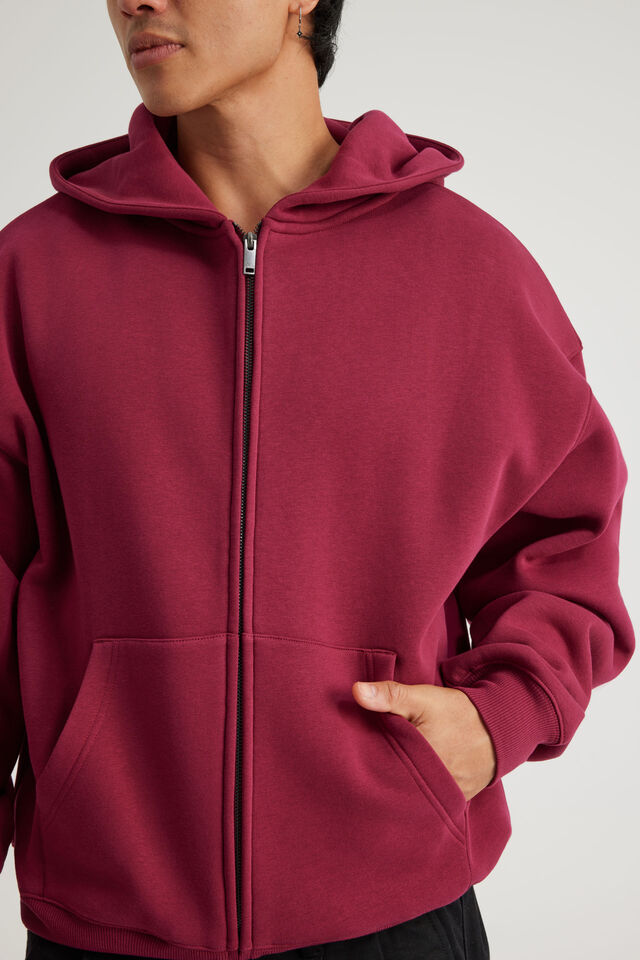 Authentics Boxy Zip Thru Hoodie, REDCURRENT