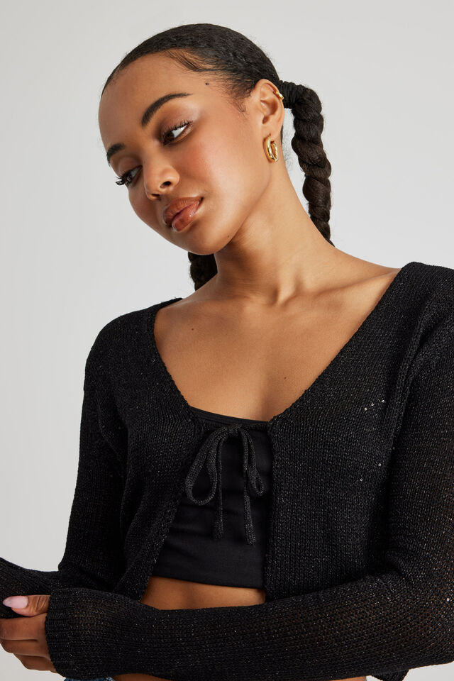 Metallic Tie Front Knit Cardigan, BLACK
