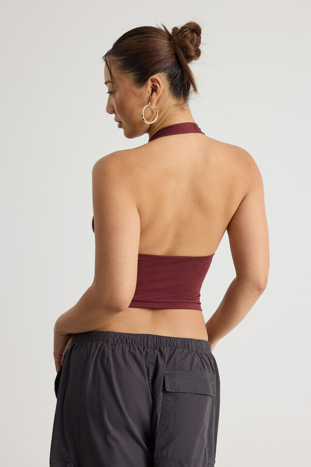 Zip Front Halter Top, BORDEAUX
