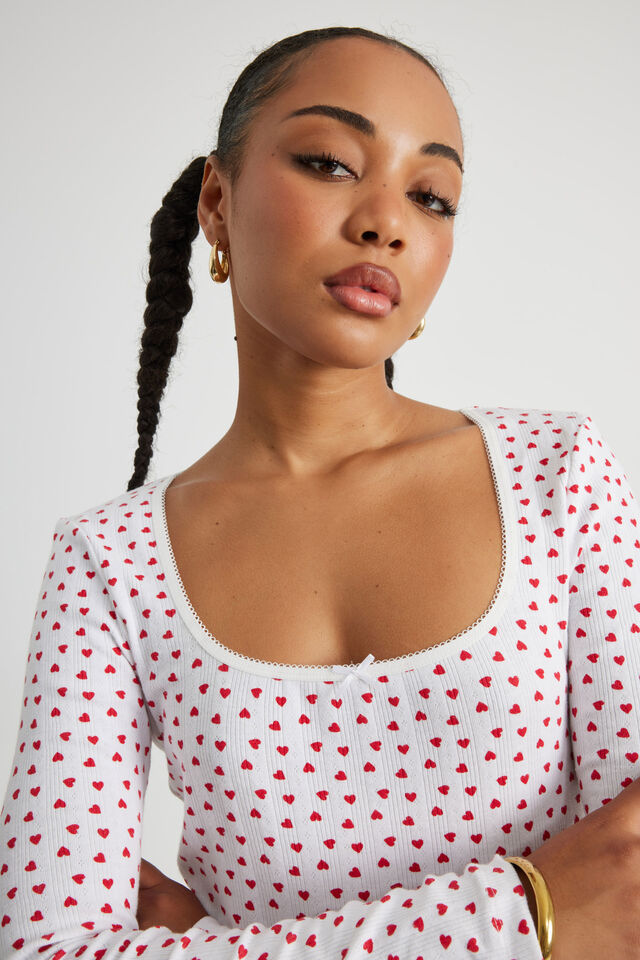 Ava Pointelle Long Sleeve Top, WHITE/HEARTS