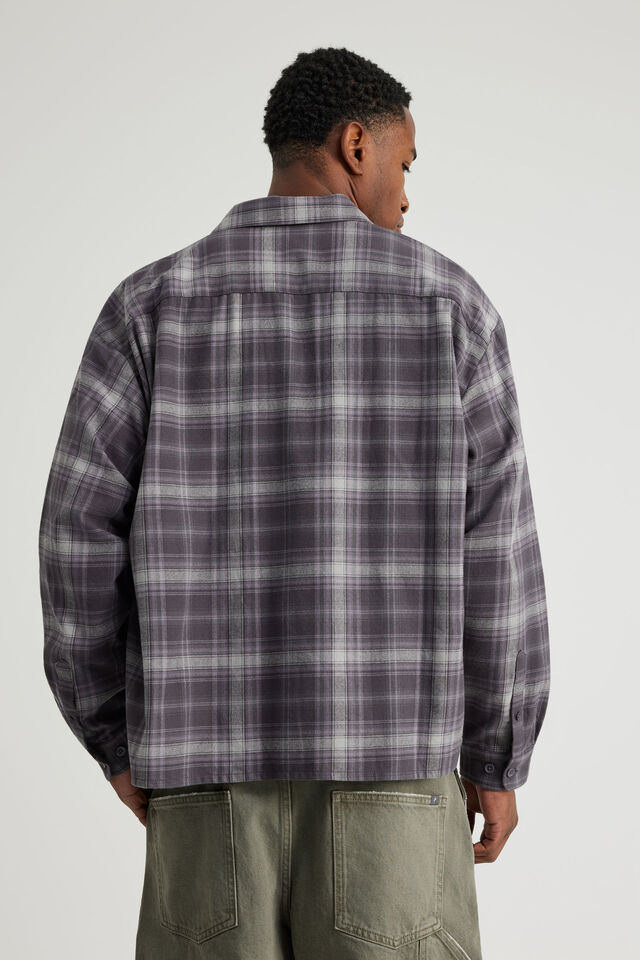 Notion Boxy Cropped Long Sleeve Shirt, NOTION WASHED PURPLE GREY FLANNEL