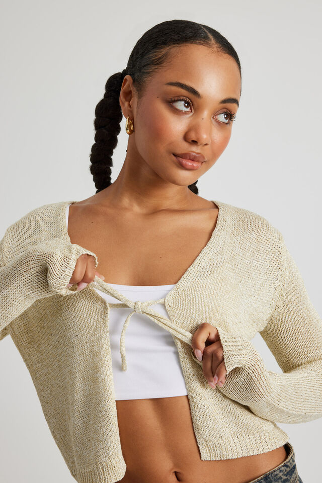 Metallic Tie Front Knit Cardigan, GOLD