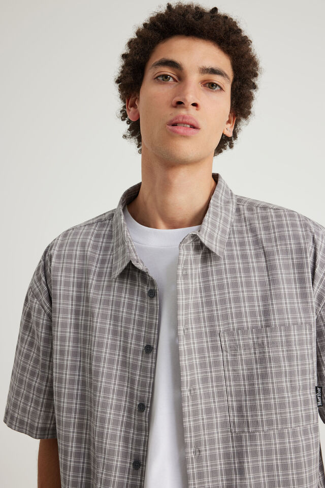 Half Half Boxy Cropped Short Sleeve Shirt, HH GREY WHT CHECK