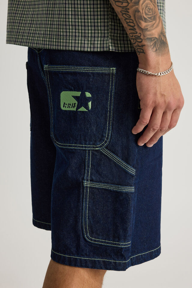 Half Half Painter Baggy Denim Short, RAW INDIGO/FAIRWAY GREEN