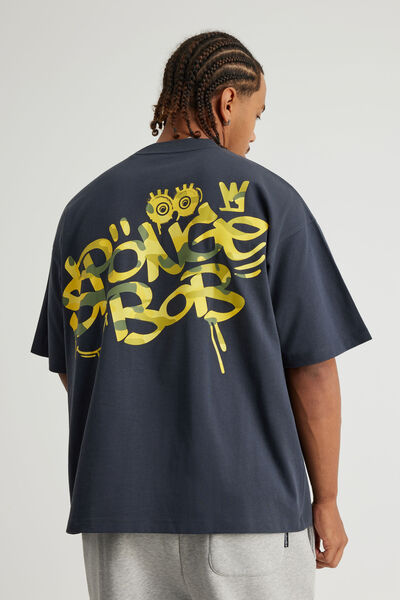 Spongebob X Half Half Heavyweight Box Fit T Shirt, LCN NIC SEAL/SPONGEBOB CAMO GRAFFITI