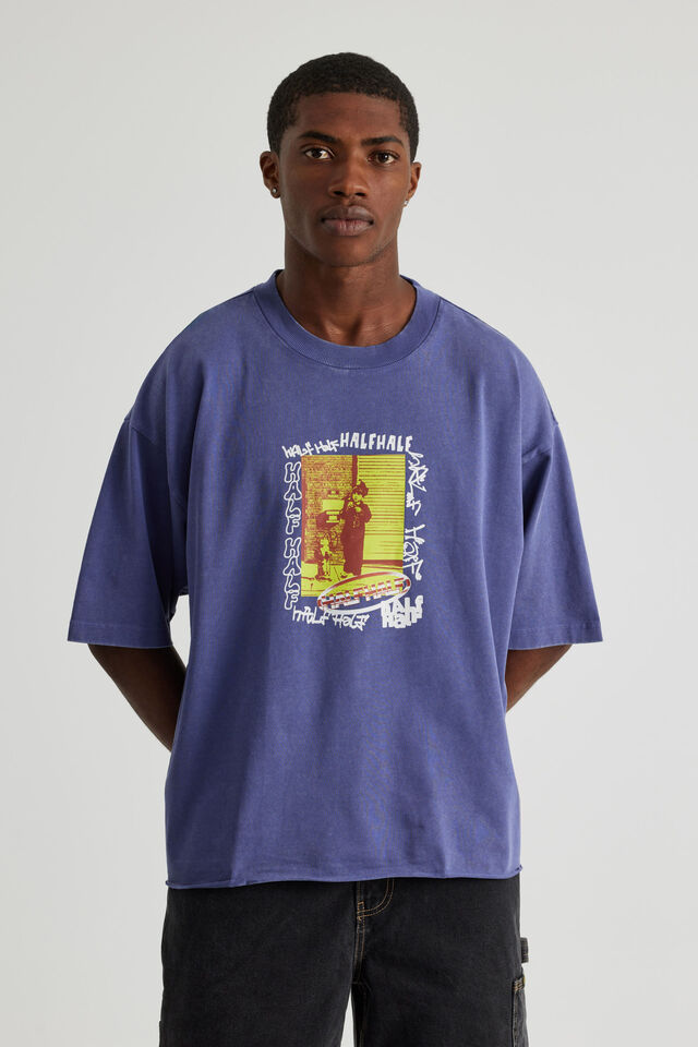 Half Half Boxy Cropped Graphic Tshirt, HH WASHED NEBULA/POLICE