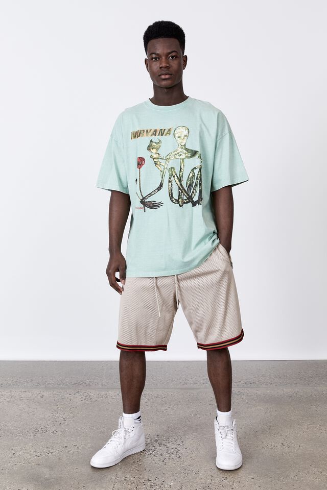 Oversized Music Merch T Shirt, LCN MT WASHED STEEL GREEN/NIRVANA INCESTICIDE