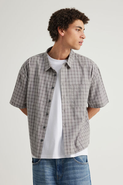 Half Half Boxy Cropped Short Sleeve Shirt, HH GREY WHT CHECK