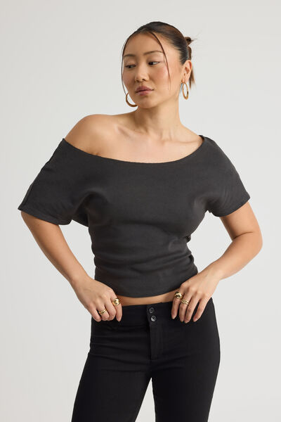 One Shoulder Graphic Tee, PHANTOM