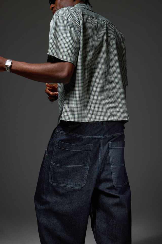 Half Half Boxy Cropped Short Sleeve Shirt, NAVY GREEN CHECK/HH PILL