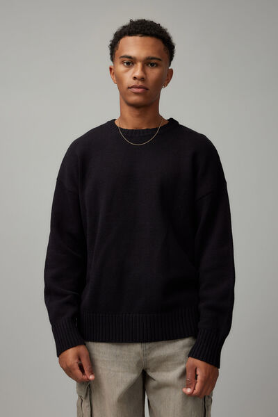 Boxy Crew Neck Knit, BLACK