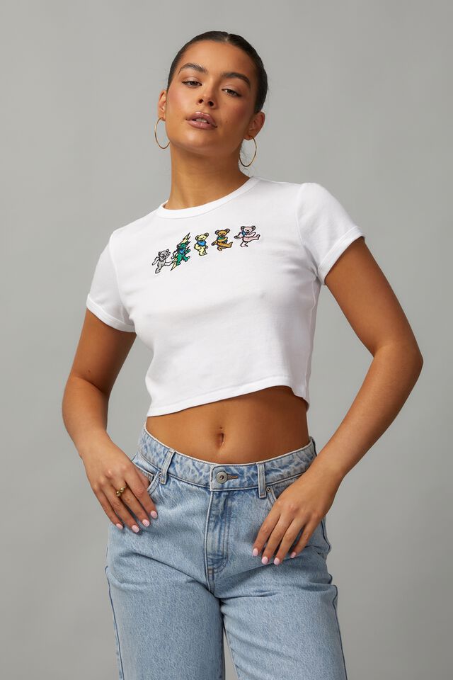 Licensed Cropped Fitted Graphic Tee, LCN WMG GRATEFUL DEAD BEARS / WHITE