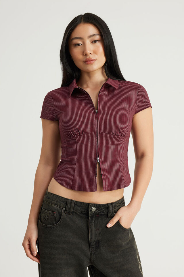 Short Sleeve Zip Through Shirt, BORDEAUX PINSTRIPE