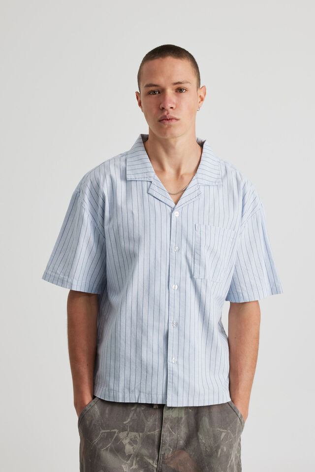 Boxy Cropped Short Sleeve Shirt, TONAL BLUE OXFORD STRIPE