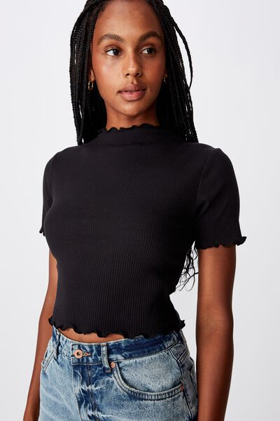 Rib Lettuce Edge Funnel Neck Top, BLACK
