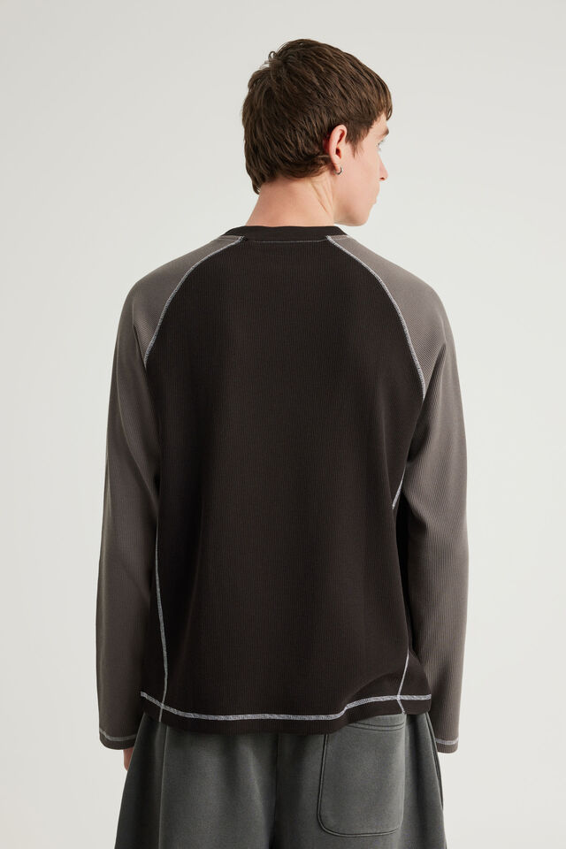 Notion Contrast Waffle Long Sleeve Tshirt, NTN BLACK/IRON PANELLED