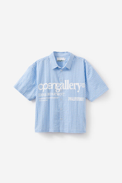 Open Gallery Boxy Cropped Short Sleeve Shirt, OG FRESH CHECK/TEXT