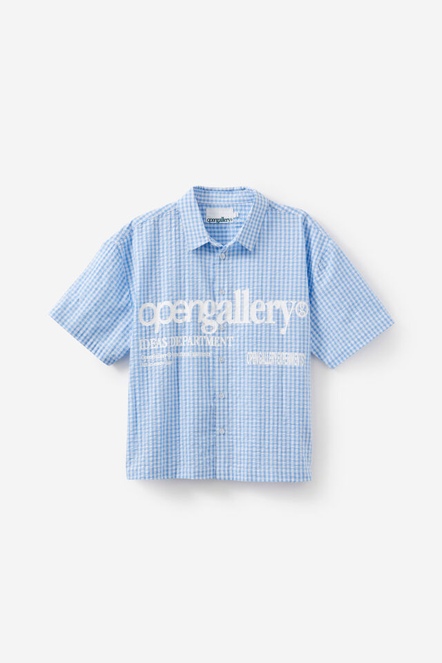 Open Gallery Boxy Cropped Short Sleeve Shirt, OG FRESH CHECK/TEXT