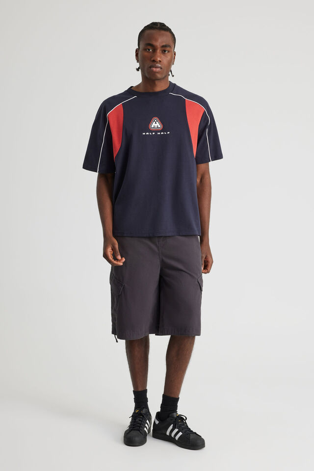 Half Half Box Fit Panelled Graphic Tshirt, HH NAVY BLAZER VARSITY RED/HH PERFORMANCE