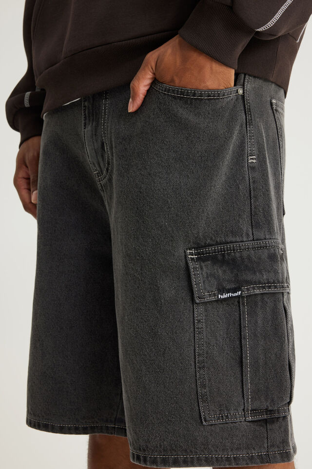 Half Half Cargo Denim Short, BLACK IRON