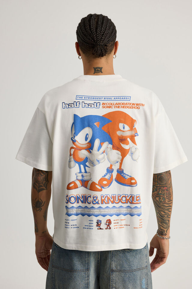 Sonic X Half Half Heavy Weight Box Fit Tshirt, LCN SEG CLOUD/SONIC V KNUCKLES