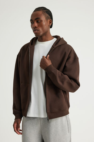 Authentics Boxy Zip Thru Hoodie, WALNUT