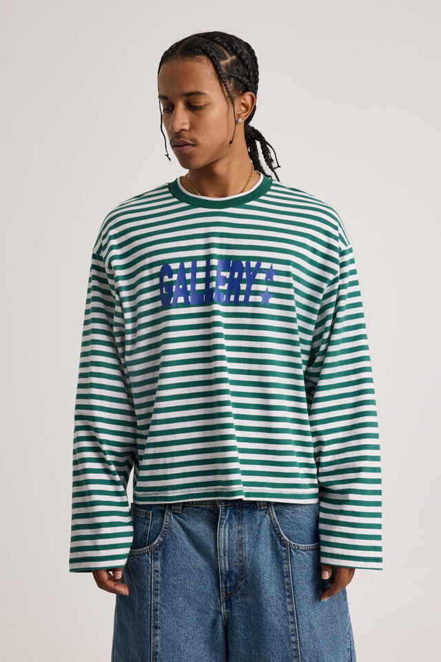 Open Gallery Cropped Long Sleeve Tshirt, OG PINE STRIPE/WOODMARK STARS
