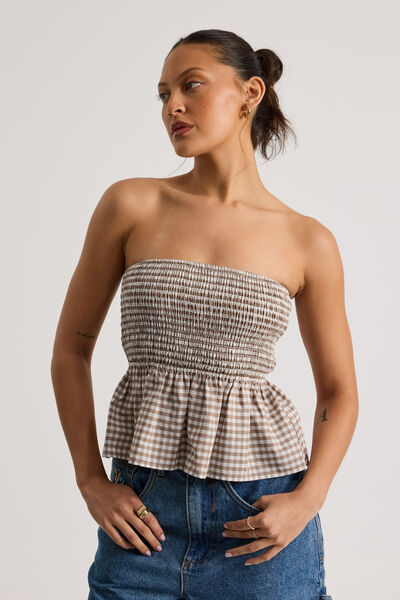 Ari Shirred Bandeau, BROWN GINGHAM