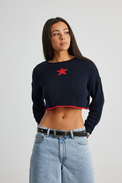 Open Knit Crop Jacquard Jumper, NAVY BLAZER/RED STAR