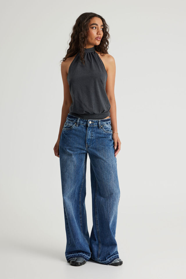 High Neck Backless Halter Top, WASHED BLACK