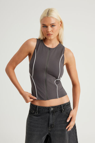 Panelled Zip Through Tank, WASHED BLACK/WHITE PIPING