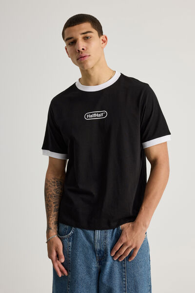 Half Half Slim Fit Ringer Tshirt, HH BLACK/WHITE WIDE HALF HALF PILL